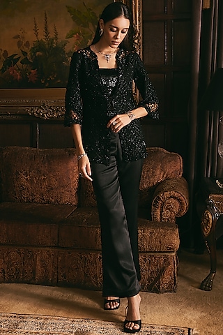 Black Organza & Crepe Cutwork Jacket Set by Studio22 by Pulkita Arora Bajaj