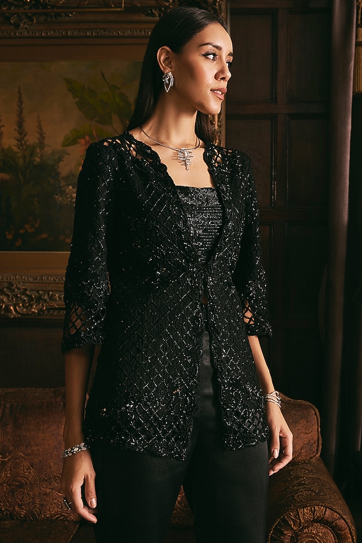 Black Organza & Crepe Cutwork Jacket Set by Studio22 by Pulkita Arora Bajaj at Pernia's Pop Up Shop