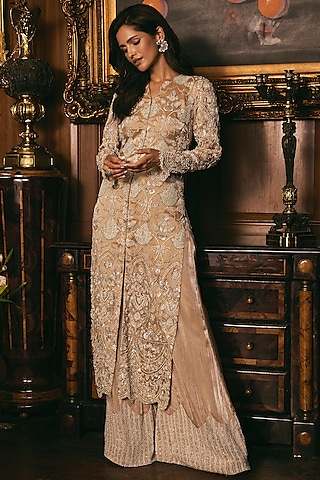 Champagne Organza Hand Embroidered Kurta Set by Studio22 by Pulkita Arora Bajaj