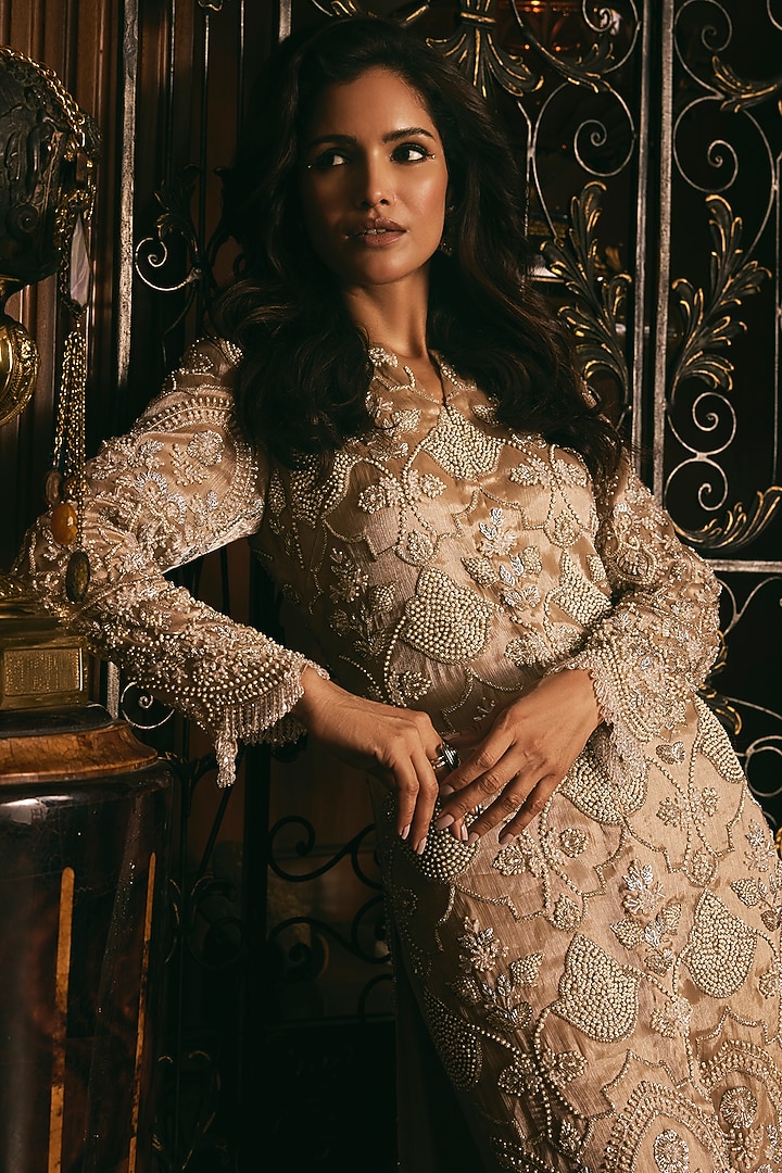 Champagne Organza Hand Embroidered Kurta Set by Studio22 by Pulkita Arora Bajaj at Pernia's Pop Up Shop
