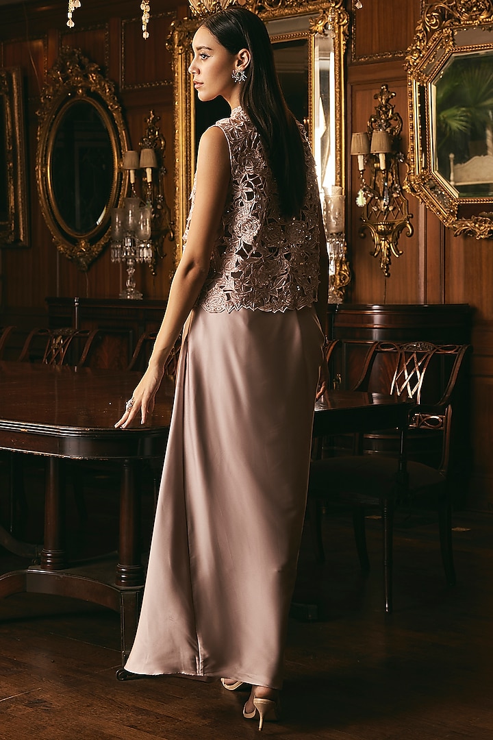 Dusty Rose Pink Satin Draped Skirt Set by Studio22 by Pulkita Arora Bajaj at Pernia's Pop Up Shop