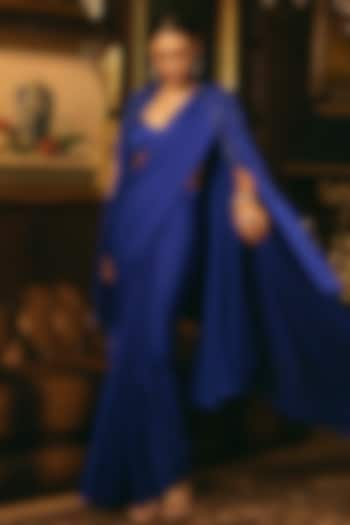 Royal Blue Crepe Hand Embroidered Pre-Draped Jacket Saree Set by Studio22 by Pulkita Arora Bajaj at Pernia's Pop Up Shop