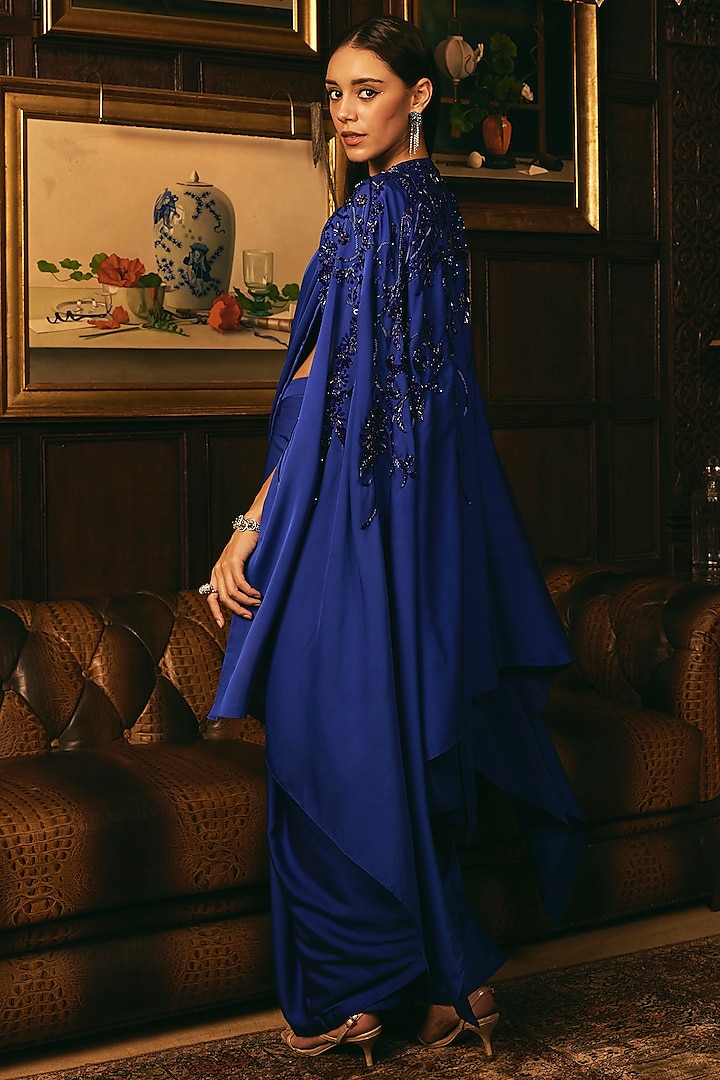 Royal Blue Crepe Hand Embroidered Pre-Draped Jacket Wedding Saree Set by Studio22 by Pulkita Arora Bajaj at Pernia's Pop Up Shop