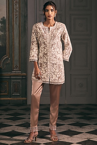 Mocha Brown Georgette & Satin Thread Embellished Kurta Set by Studio22 by Pulkita Arora Bajaj