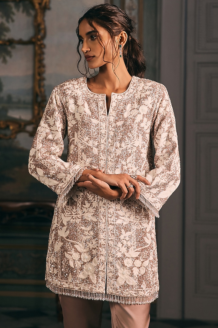 Mocha Brown Georgette & Satin Thread Embellished Kurta Set by Studio22 by Pulkita Arora Bajaj at Pernia's Pop Up Shop