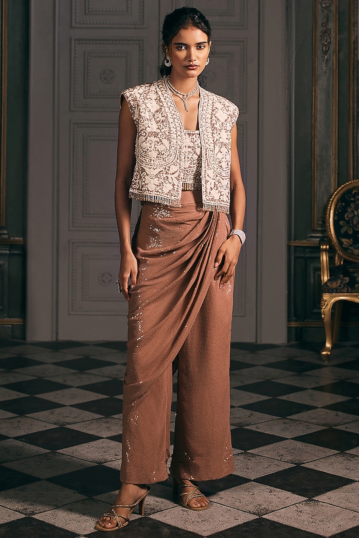 Mocha Brown Georgette Draped Pant Set by Studio22 by Pulkita Arora Bajaj at Pernia's Pop Up Shop