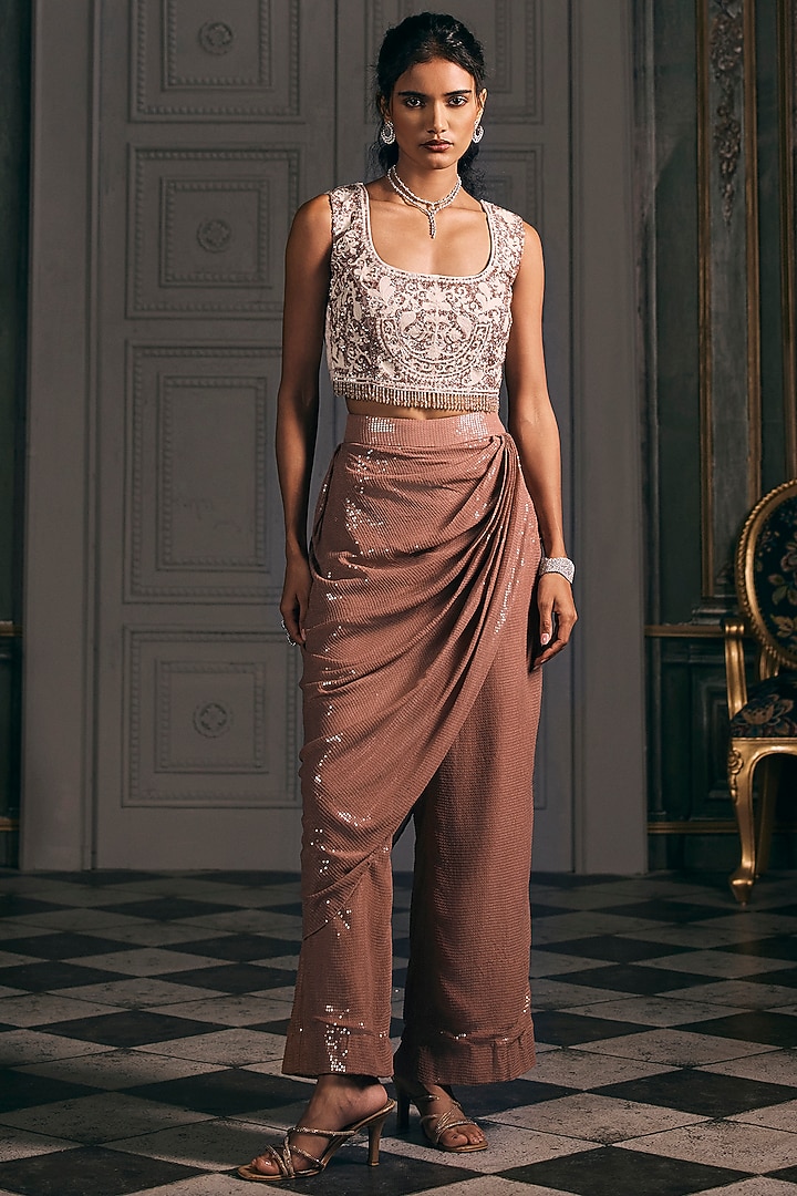 Mocha Brown Georgette Draped Pant Set by Studio22 by Pulkita Arora Bajaj at Pernia's Pop Up Shop