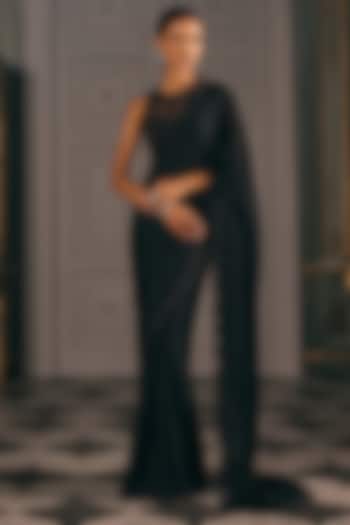 Black Chiffon Blend Wedding Saree Set by Studio22 by Pulkita Arora Bajaj at Pernia's Pop Up Shop