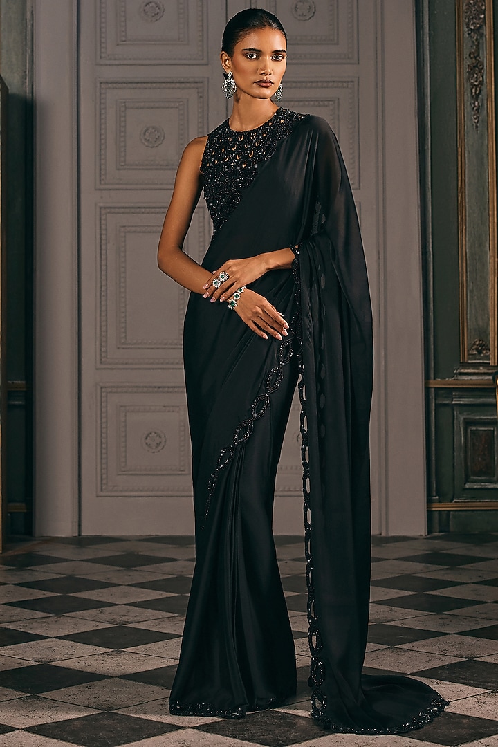 Black Chiffon Blend Wedding Saree Set by Studio22 by Pulkita Arora Bajaj at Pernia's Pop Up Shop