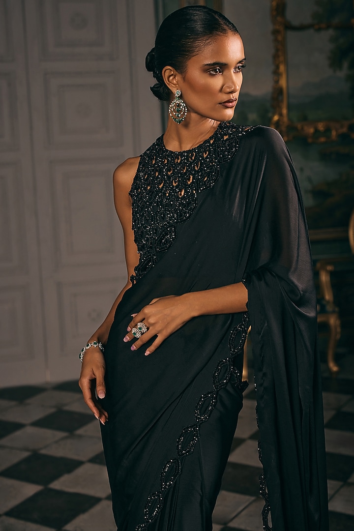 Black Chiffon Blend Wedding Saree Set by Studio22 by Pulkita Arora Bajaj at Pernia's Pop Up Shop