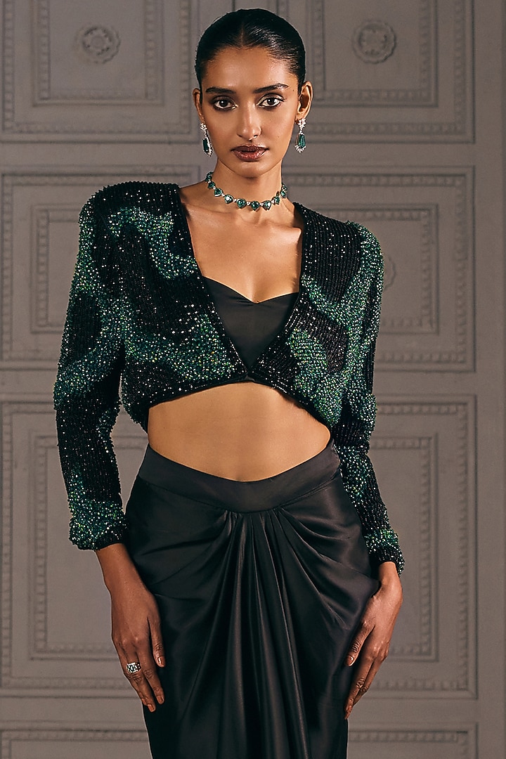 Black & Emerald Green Satin Draped Skirt Set by Studio22 by Pulkita Arora Bajaj at Pernia's Pop Up Shop