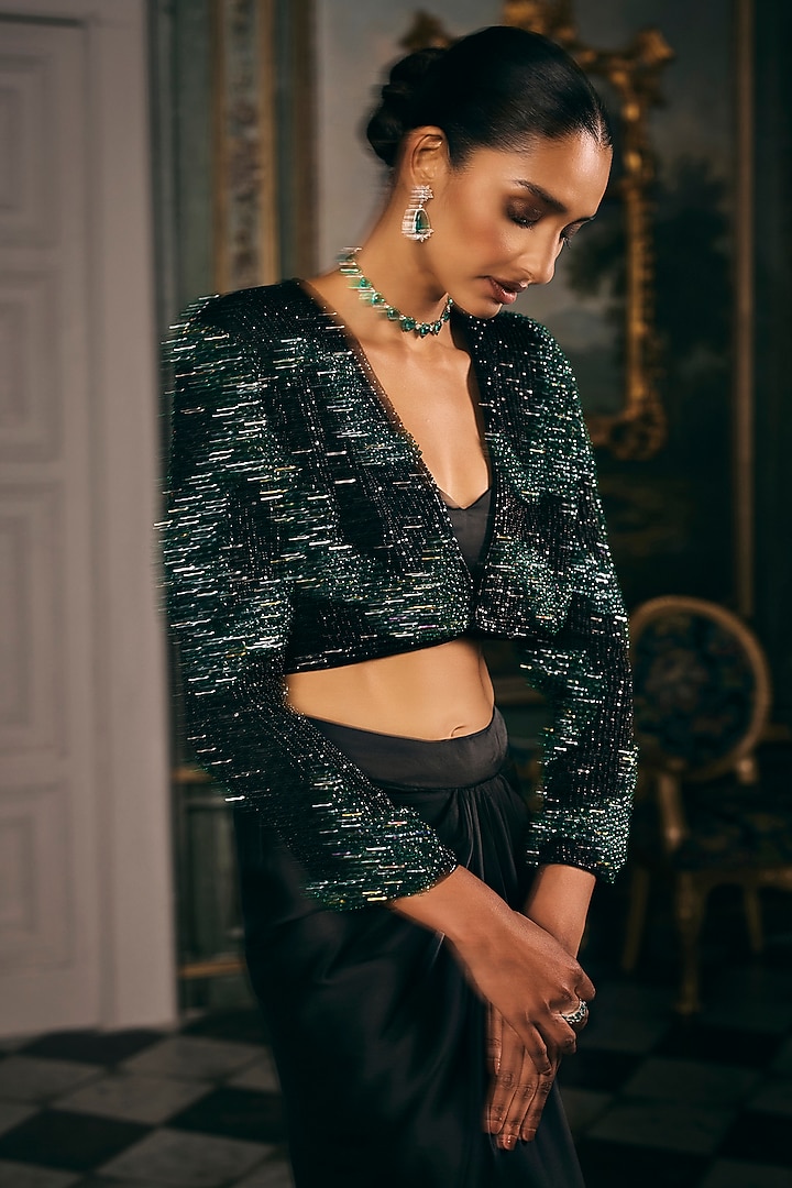 Black & Emerald Green Satin Draped Skirt Set by Studio22 by Pulkita Arora Bajaj at Pernia's Pop Up Shop