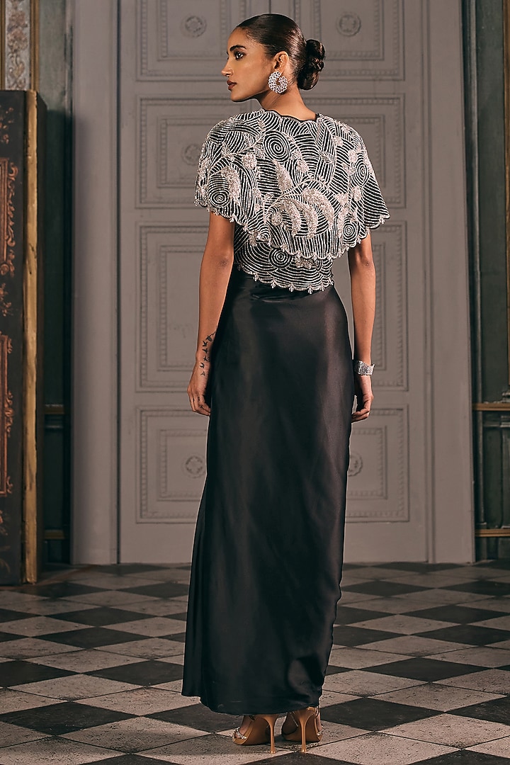 Deep Black Satin Draped Skirt Set by Studio22 by Pulkita Arora Bajaj at Pernia's Pop Up Shop
