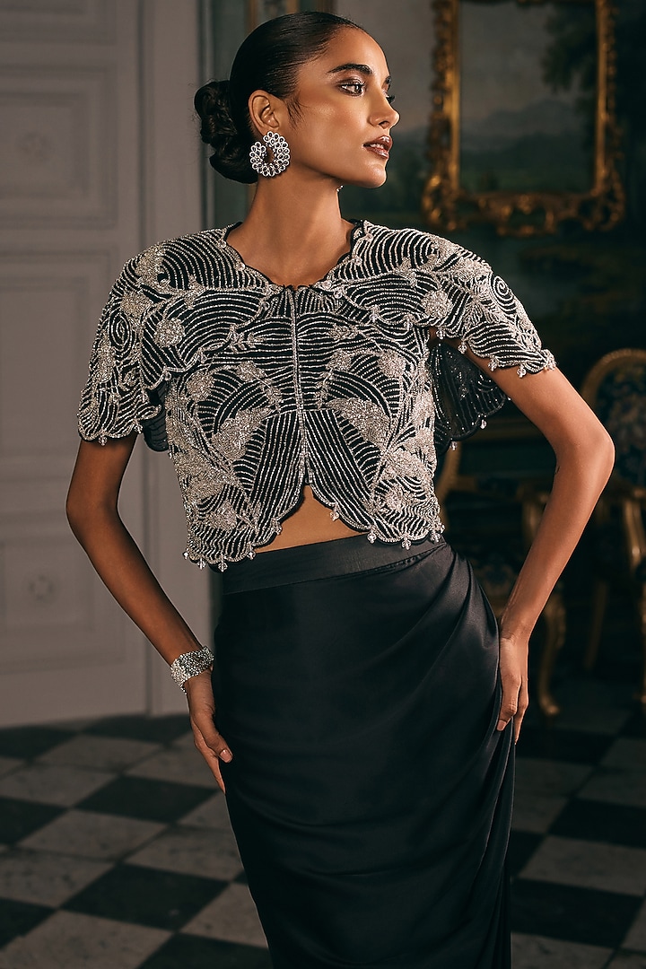 Deep Black Satin Draped Skirt Set by Studio22 by Pulkita Arora Bajaj at Pernia's Pop Up Shop