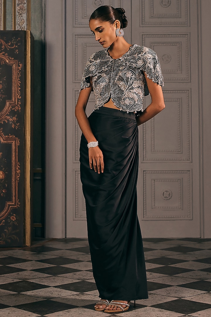 Deep Black Satin Draped Skirt Set by Studio22 by Pulkita Arora Bajaj at Pernia's Pop Up Shop