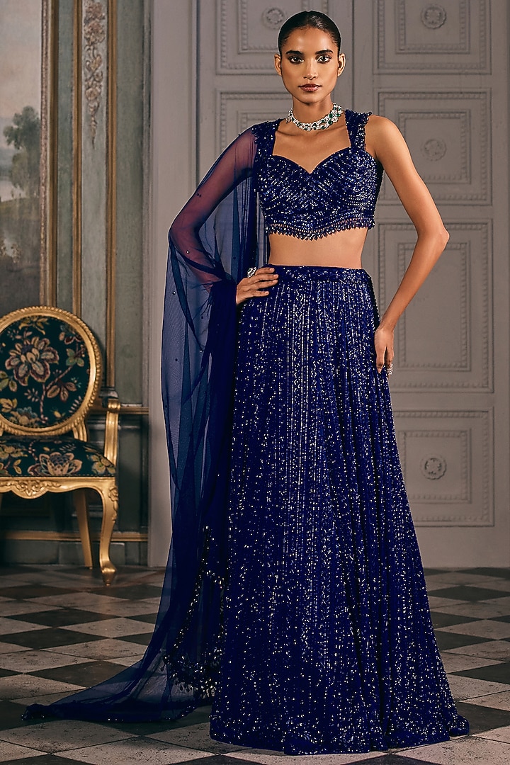 Electric Blue Georgette Hand Embroidered Bridal Lehenga Set by Studio22 by Pulkita Arora Bajaj at Pernia's Pop Up Shop