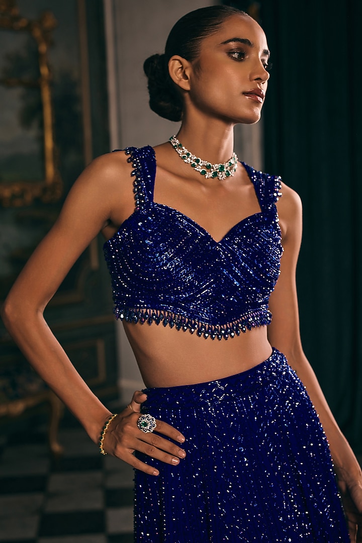 Electric Blue Georgette Hand Embroidered Bridal Lehenga Set by Studio22 by Pulkita Arora Bajaj at Pernia's Pop Up Shop
