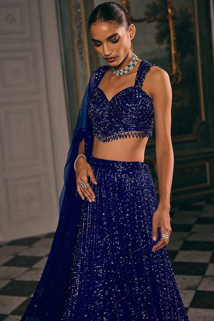 Electric Blue Georgette Hand Embroidered Bridal Lehenga Set by Studio22 by Pulkita Arora Bajaj at Pernia's Pop Up Shop