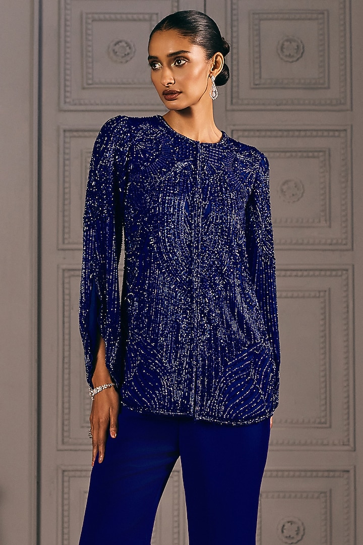 Electric Blue Georgette Pant Set by Studio22 by Pulkita Arora Bajaj at Pernia's Pop Up Shop