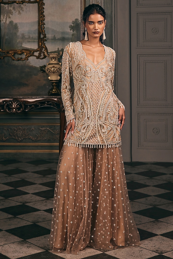 Beige & Ivory Net Gharara Set by Studio22 by Pulkita Arora Bajaj at Pernia's Pop Up Shop