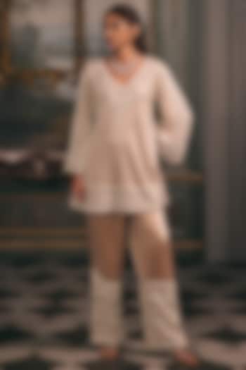 Champagne Organza Thread Hand Embroidered A-Line Kurta Set by Studio22 by Pulkita Arora Bajaj at Pernia's Pop Up Shop