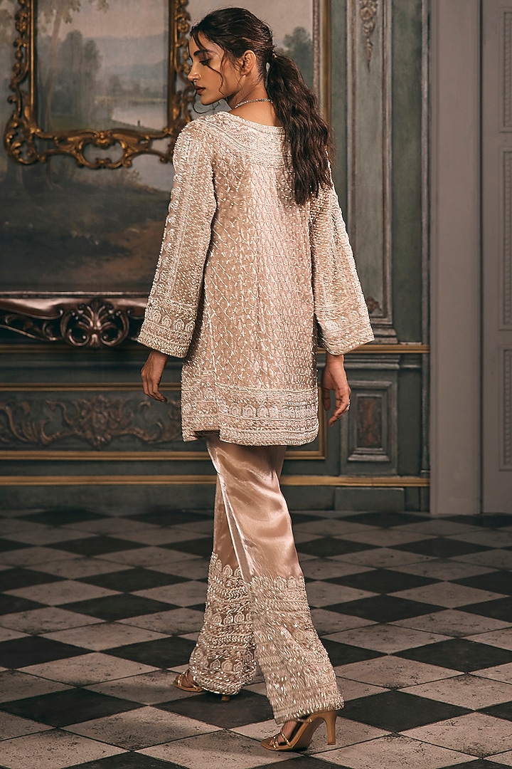 Champagne Organza Thread Hand Embroidered A-Line Kurta Set by Studio22 by Pulkita Arora Bajaj at Pernia's Pop Up Shop