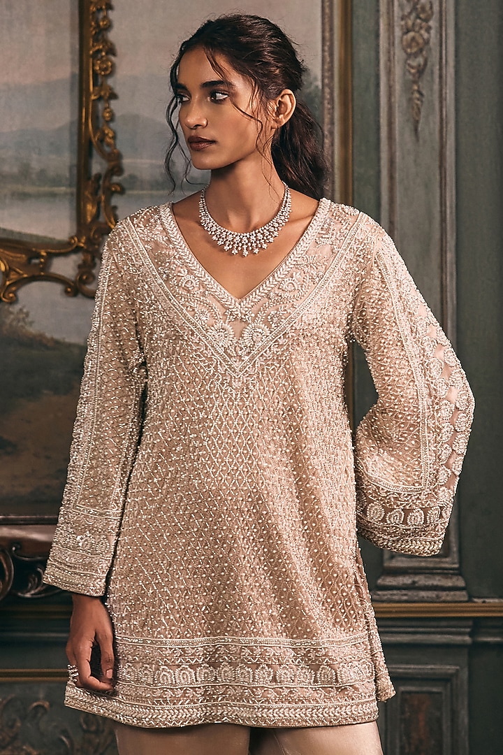 Champagne Organza Thread Hand Embroidered A-Line Kurta Set by Studio22 by Pulkita Arora Bajaj at Pernia's Pop Up Shop