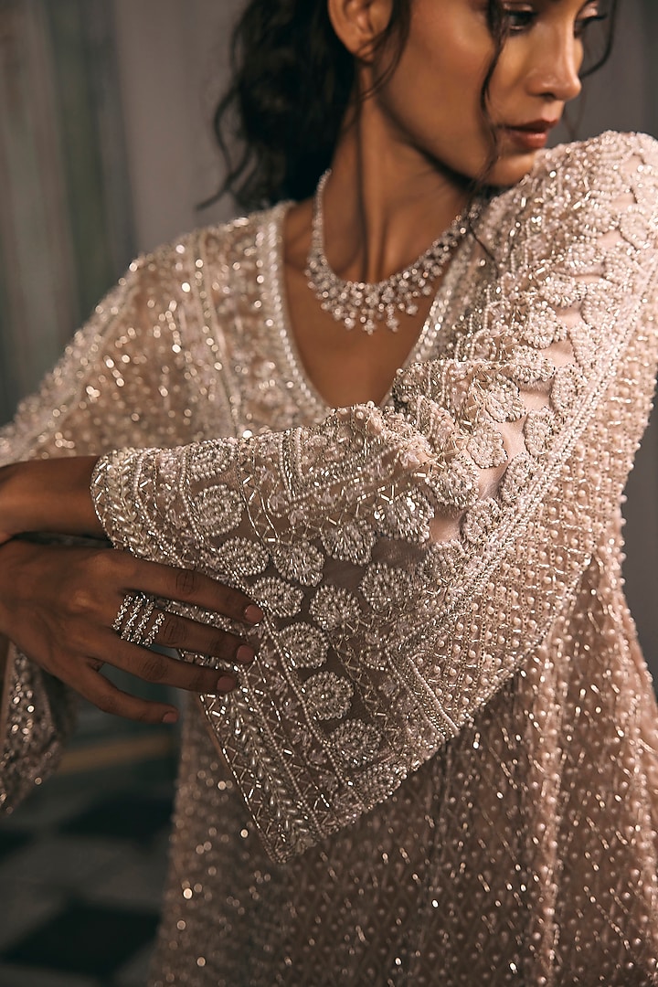 Champagne Organza Thread Hand Embroidered A-Line Kurta Set by Studio22 by Pulkita Arora Bajaj at Pernia's Pop Up Shop