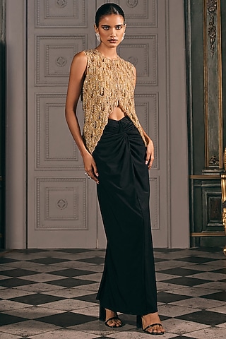 Black Organza & Lycra Draped Skirt Set by Studio22 by Pulkita Arora Bajaj