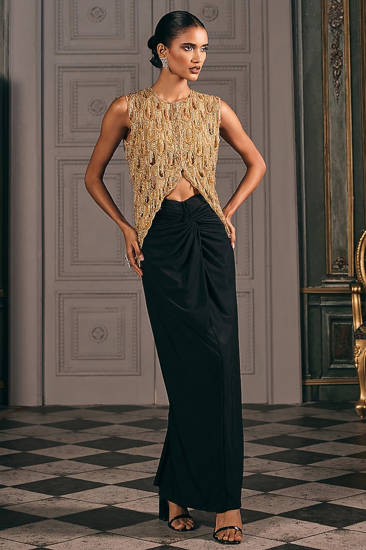 Black Organza & Lycra Draped Skirt Set by Studio22 by Pulkita Arora Bajaj at Pernia's Pop Up Shop