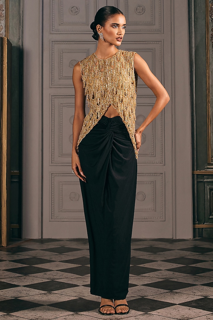 Black Organza & Lycra Draped Skirt Set by Studio22 by Pulkita Arora Bajaj at Pernia's Pop Up Shop