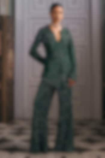 Emerald Green Net & Satin Blend Flared Pant Set by Studio22 by Pulkita Arora Bajaj at Pernia's Pop Up Shop