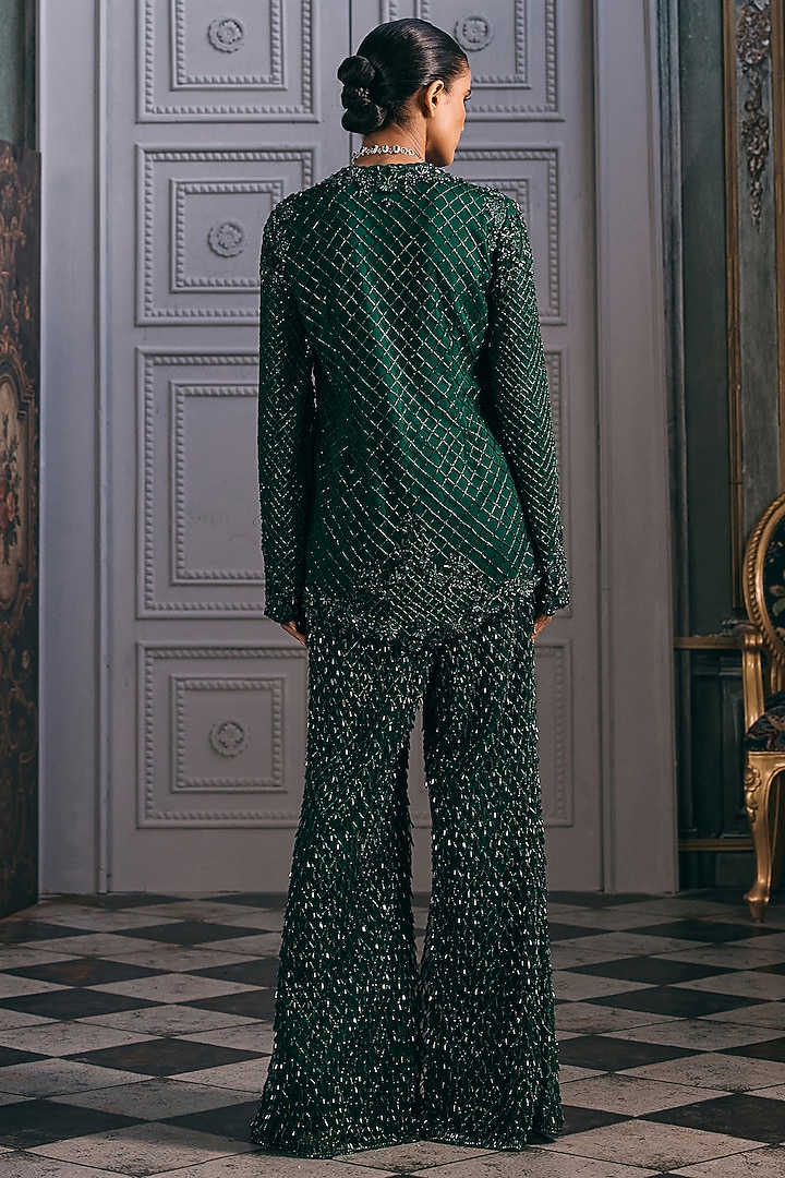 Emerald Green Net & Satin Blend Flared Pant Set by Studio22 by Pulkita Arora Bajaj at Pernia's Pop Up Shop