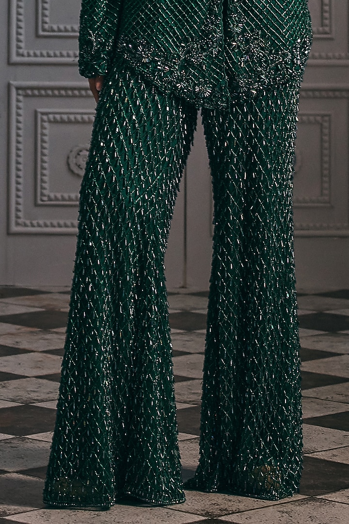 Emerald Green Net & Satin Blend Flared Pant Set by Studio22 by Pulkita Arora Bajaj at Pernia's Pop Up Shop