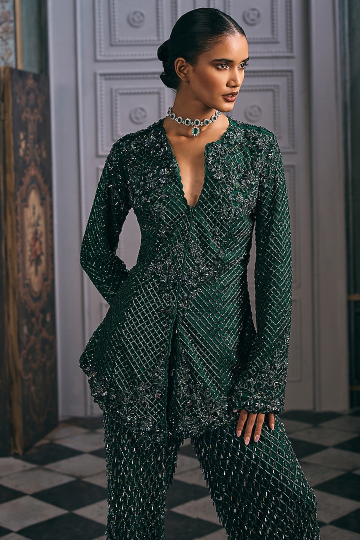 Emerald Green Net & Satin Blend Flared Pant Set by Studio22 by Pulkita Arora Bajaj at Pernia's Pop Up Shop