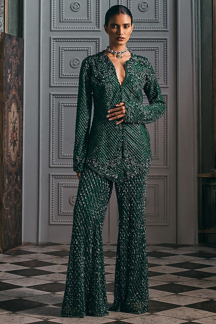 Emerald Green Net & Satin Blend Flared Pant Set by Studio22 by Pulkita Arora Bajaj at Pernia's Pop Up Shop