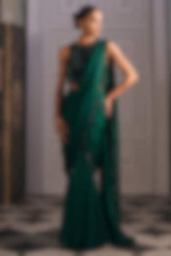 Emerald Green Satin Blend Skirt Wedding Saree Set by Studio22 by Pulkita Arora Bajaj at Pernia's Pop Up Shop