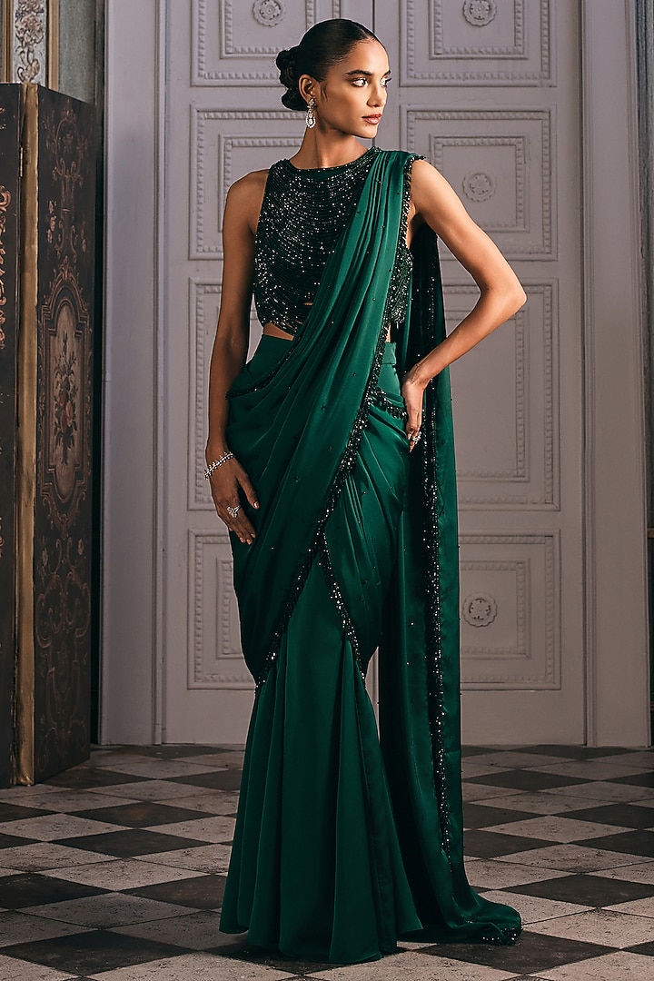Emerald Green Satin Blend Skirt Wedding Saree Set by Studio22 by Pulkita Arora Bajaj at Pernia's Pop Up Shop