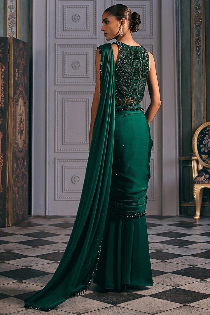 Emerald Green Satin Blend Skirt Wedding Saree Set by Studio22 by Pulkita Arora Bajaj at Pernia's Pop Up Shop