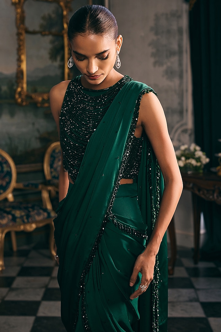 Emerald Green Satin Blend Skirt Wedding Saree Set by Studio22 by Pulkita Arora Bajaj at Pernia's Pop Up Shop