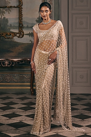 Champagne Net Sequin Hand Embroidered Pre-Stitched Saree Set by Studio22 by Pulkita Arora Bajaj