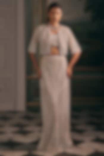 Ivory Beige Net Sequin Hand Embellished Skirt Set by Studio22 by Pulkita Arora Bajaj at Pernia's Pop Up Shop