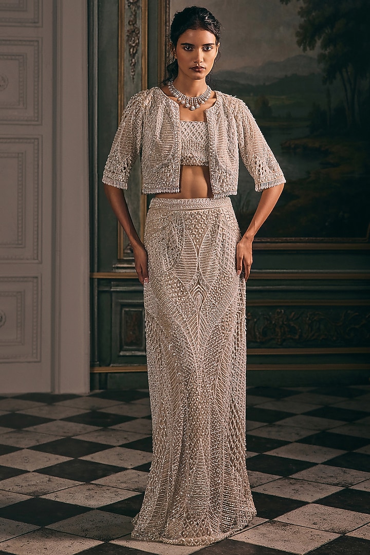 Ivory Beige Net Sequin Hand Embellished Skirt Set by Studio22 by Pulkita Arora Bajaj at Pernia's Pop Up Shop