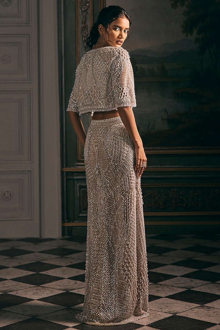 Ivory Beige Net Sequin Hand Embellished Skirt Set by Studio22 by Pulkita Arora Bajaj at Pernia's Pop Up Shop