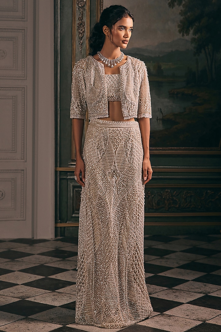 Ivory Beige Net Sequin Hand Embellished Skirt Set by Studio22 by Pulkita Arora Bajaj at Pernia's Pop Up Shop