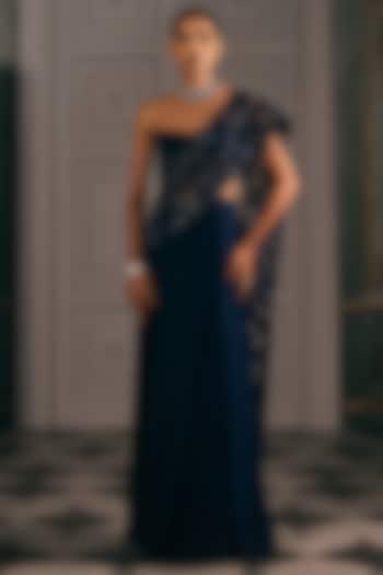 Navy Blue Chiffon Blend Draped Wedding Saree Set by Studio22 by Pulkita Arora Bajaj at Pernia's Pop Up Shop