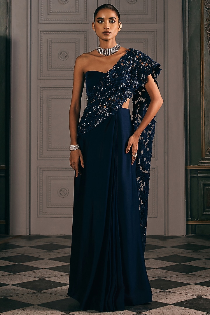 Navy Blue Chiffon Blend Draped Wedding Saree Set by Studio22 by Pulkita Arora Bajaj at Pernia's Pop Up Shop