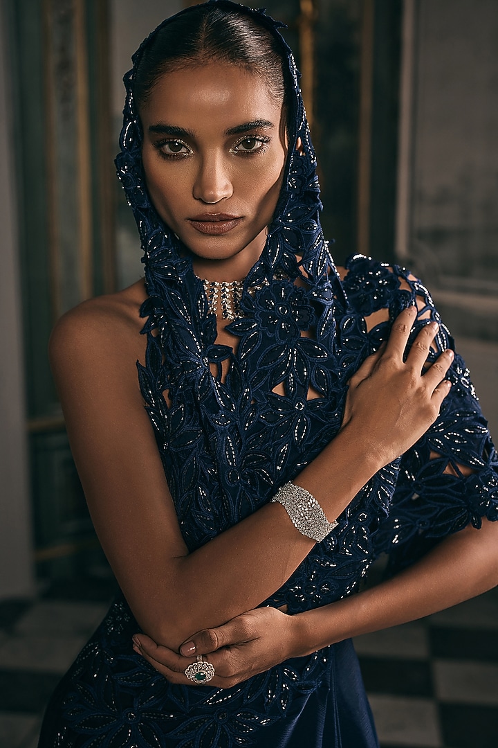 Navy Blue Chiffon Blend Draped Wedding Saree Set by Studio22 by Pulkita Arora Bajaj at Pernia's Pop Up Shop