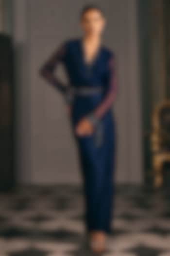 Navy Blue Organza & Satin Blend Hand Embroidered Draped Skirt Set by Studio22 by Pulkita Arora Bajaj at Pernia's Pop Up Shop