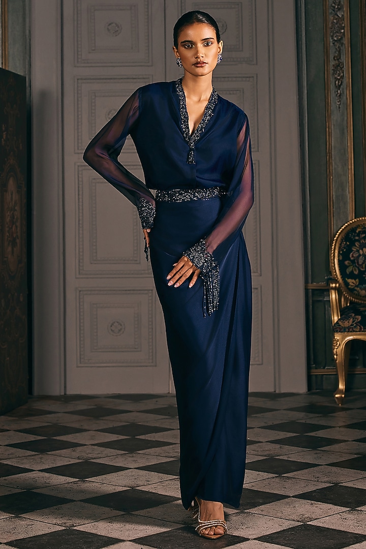 Navy Blue Organza & Satin Blend Hand Embroidered Draped Skirt Set by Studio22 by Pulkita Arora Bajaj at Pernia's Pop Up Shop